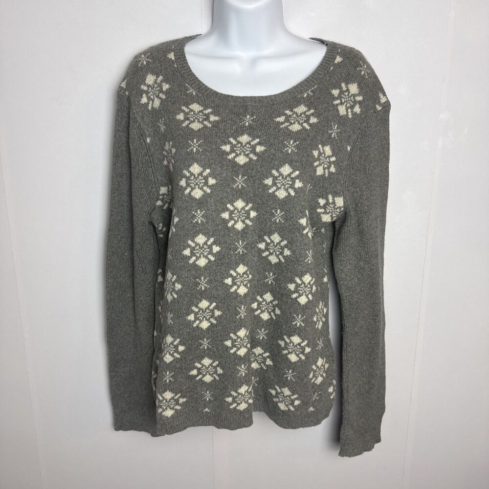 Brooks Brothers 346 Knit Womens Sweater Top Large Gray Snowflakes Holiday Winter